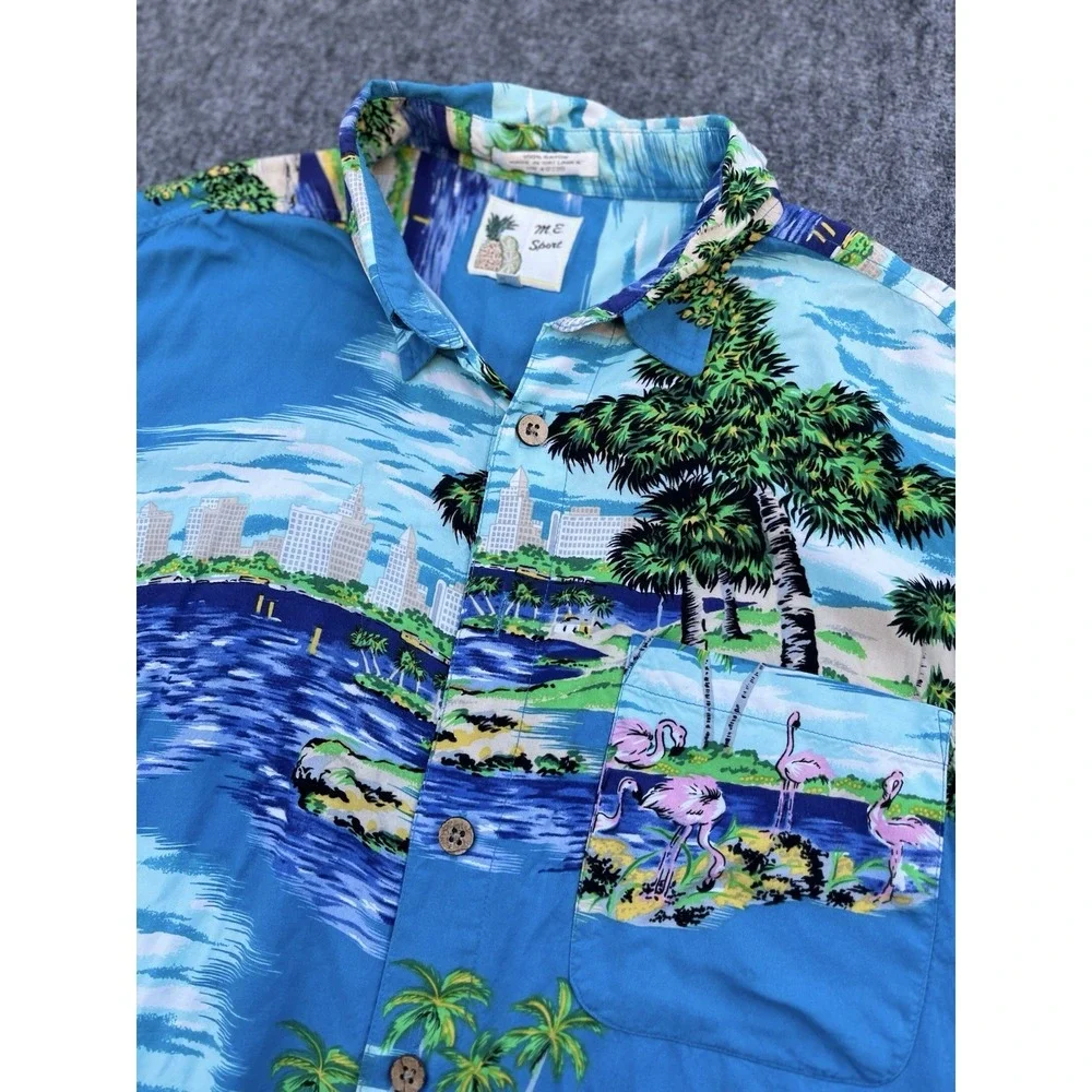 VTG Mens XL Hawaiian M. E. Sport Tropical Button Front Shirt Birds Skyline Rayon